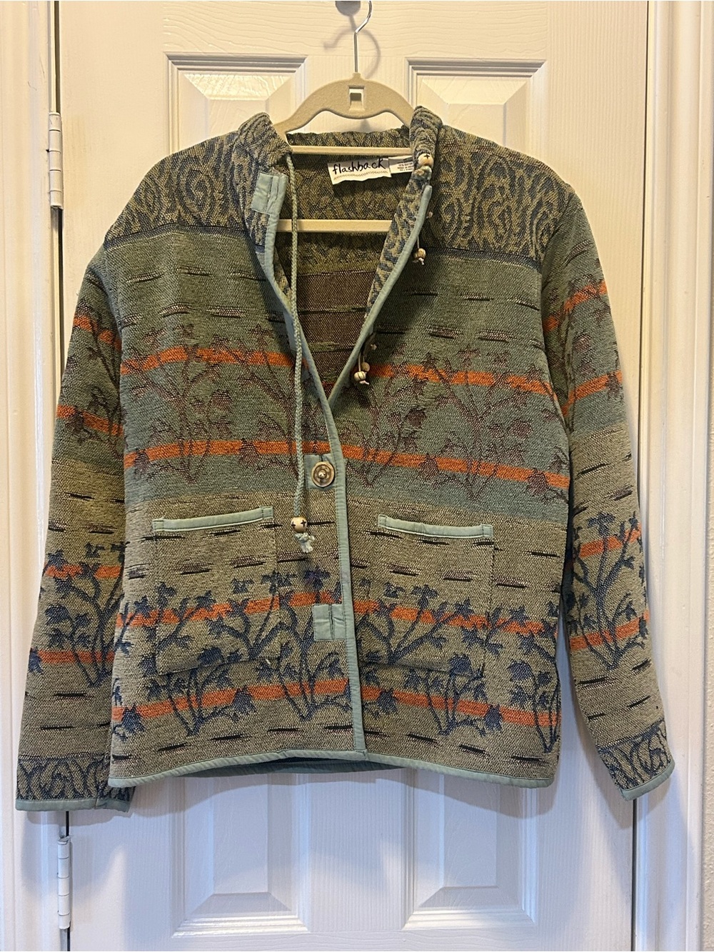 Flashback Patterned Utility Jacket with Orange & Navy Motifs